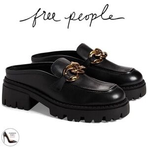 Free People Lyra Link Black Leather Platform Loafer Mules Chunky Chain Accent
